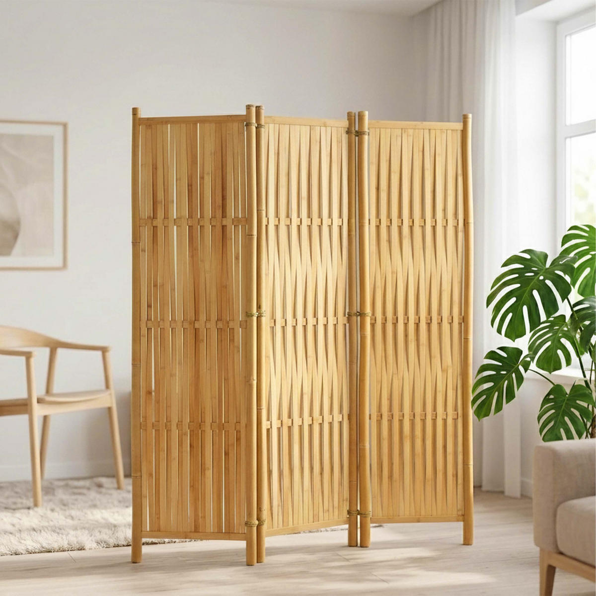 RAUMTEILER Natur Bambus 3-tlg. freistehend 170x126 cm - Hellbraun, Holz (126/170/3.5cm) - Relaxdays
