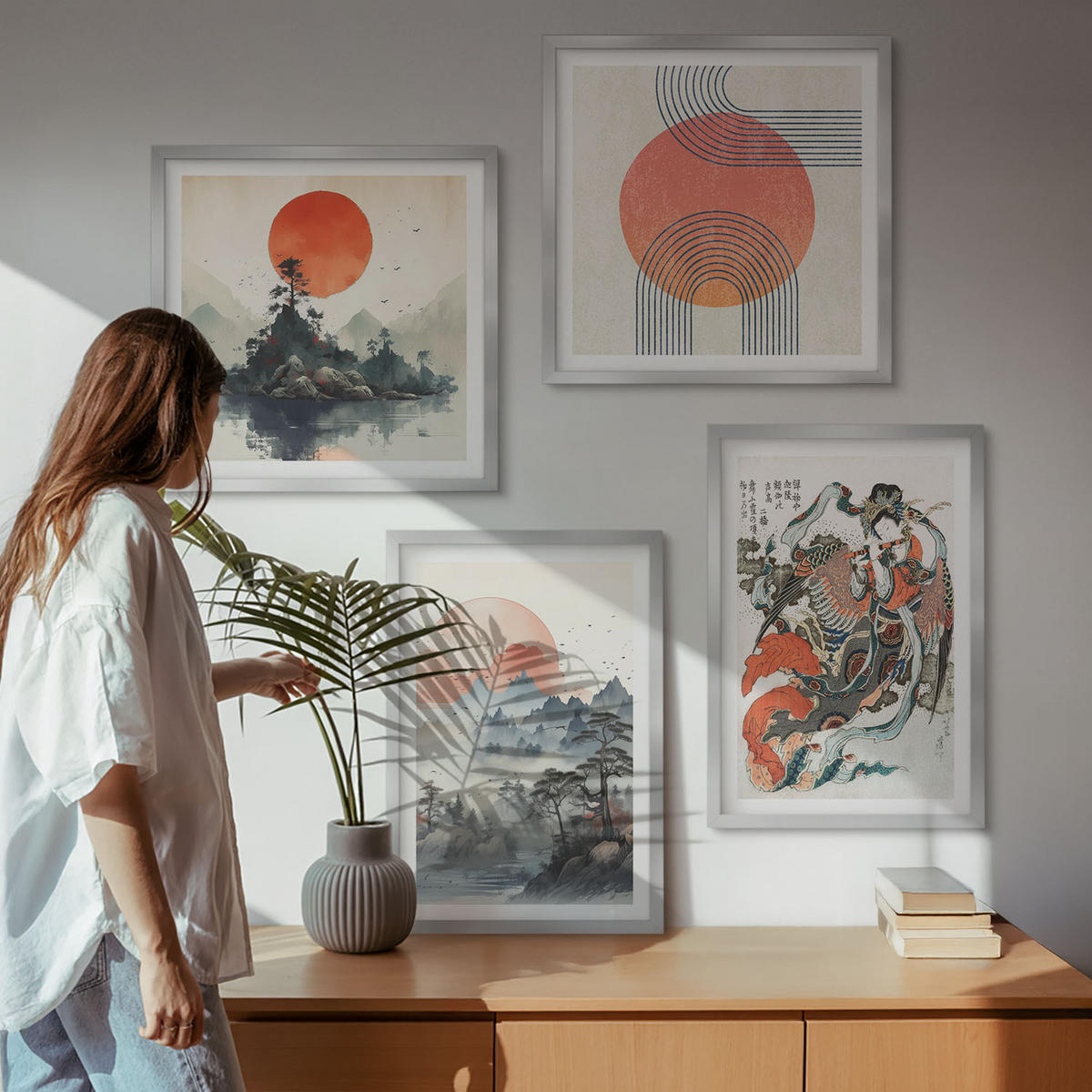 BILDER SET 4er Set - 50x50 cm & 40x60 cm Silberner Rahmen - Asiatische Landschaften Japandi - Silberfarben, Kunststoff (50/50cm) - TULUP