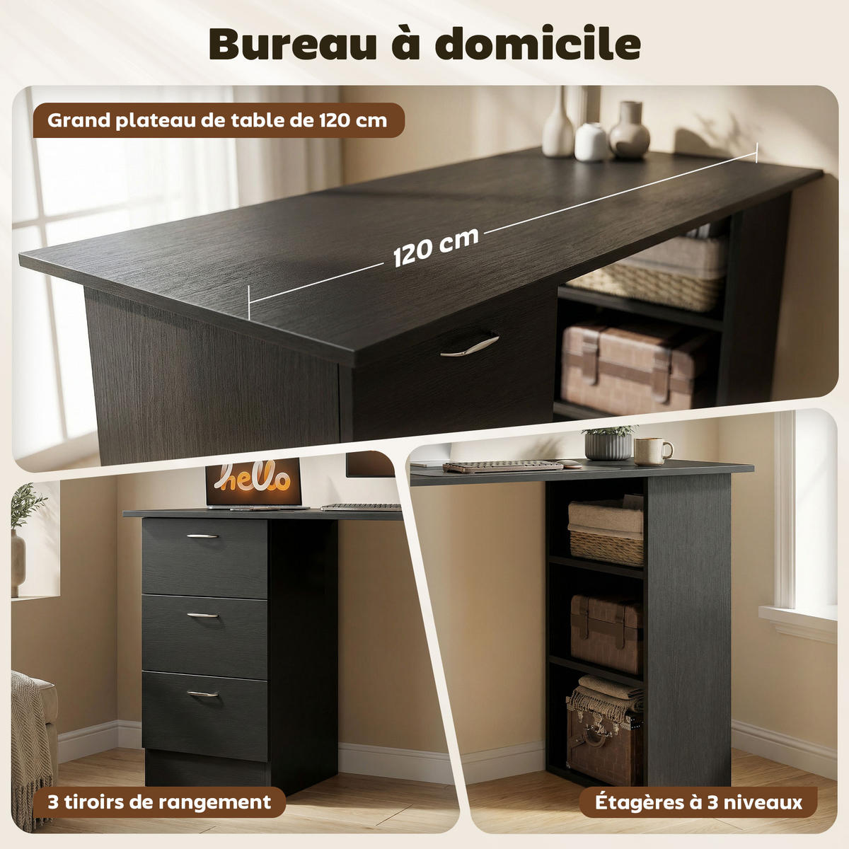 SCHREIBTISCH Schwarz mit 3 Schubladen und Regalfächern 120/49/72 cm - Schwarz, Holz (49/120/72cm) - PANGIVO