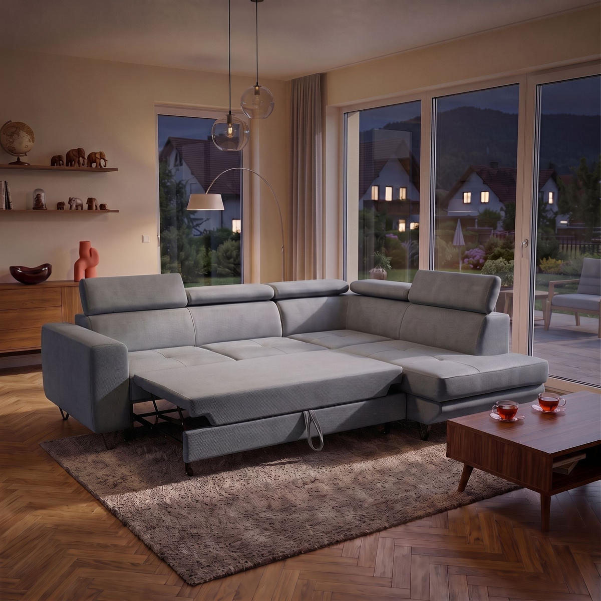 ECKSOFA JUNIOR L Rechts mit Schlaffunktion 194x128 Velours Grau - Schwarz/Grau, Holz/Textil (184/249cm) - Muffo