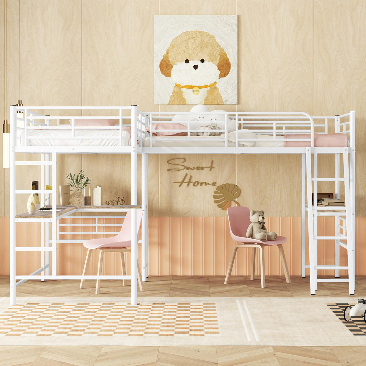 HOCHBETT 90/200 cm aus Metall und MDF mit Schreibtisch und Doppeltreppe Weiß - Weiß, Metall (90/200cm) - Modenvie