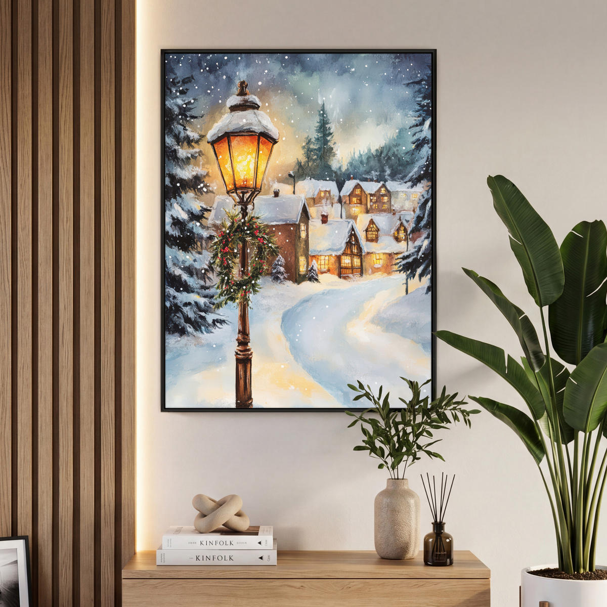 LEINWAND Bilder mit Rahmen - Weihnachtsdorf - Häuser - Schnee - Weihnachten - 70x100 - Sandfarben, Textil (70/100cm) - MuchoWow