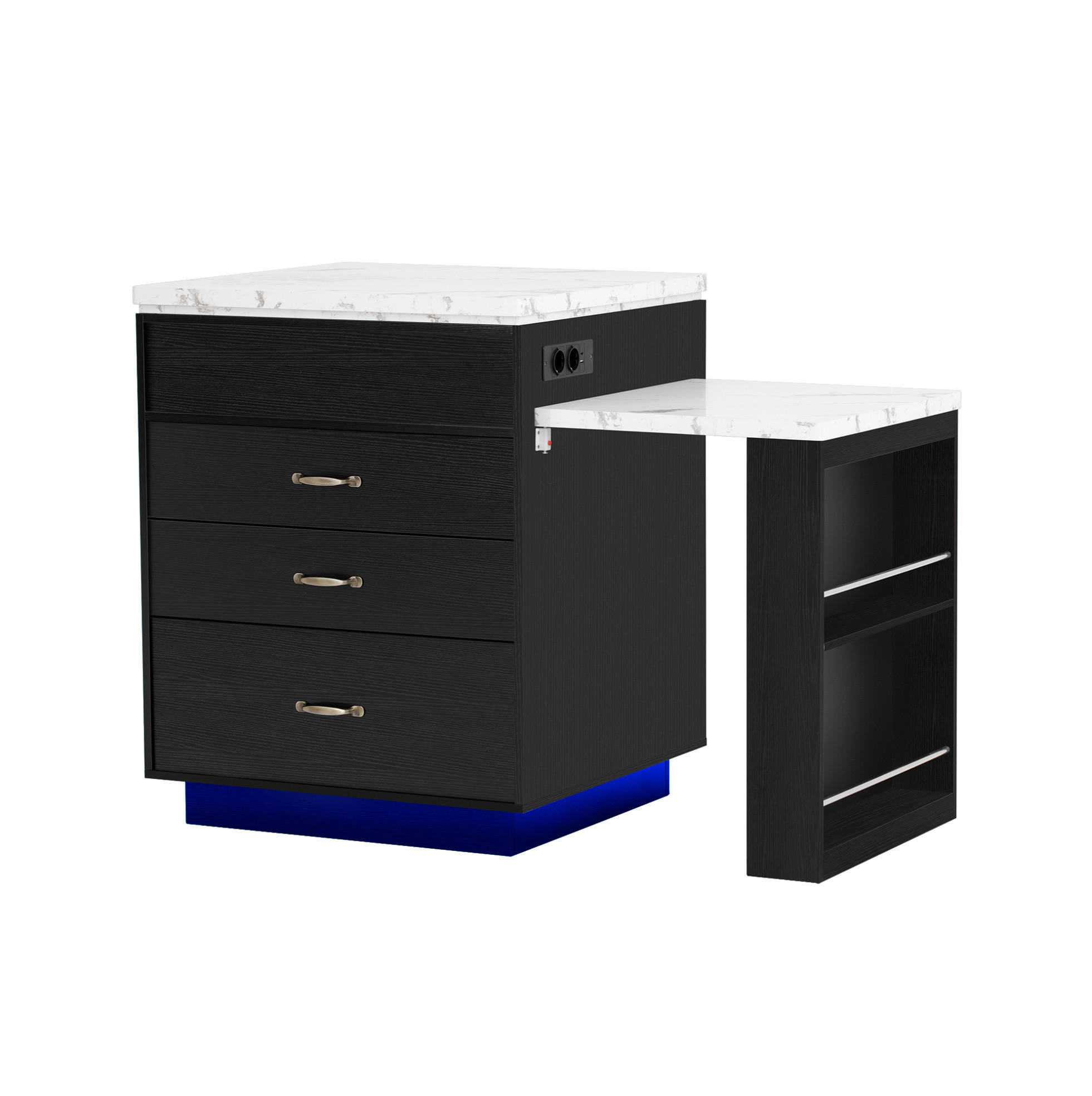KÜCHENINSEL 125,5-187,5/71/93 cm ausziehbar mit LED-Beleuchtung, USB/Type-C und Stauraum, Schwarz - Schwarz, Holzwerkstoff (125.5/93/71cm) - Redom