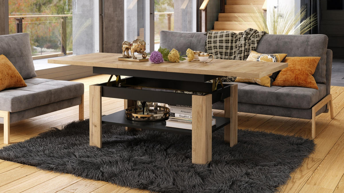 COUCHTISCH rechteckig Eiche Gold - Schwarz ausziehbar höhenverstellbar - Eichefarben/Schwarz, Holzwerkstoff (65/130/58cm) - designimpex