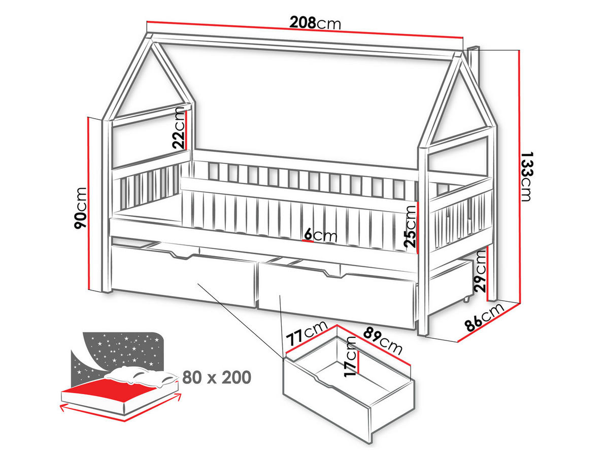 HAUSBETT Domi - Grau, Holz (80/200cm) - MIRJAN24