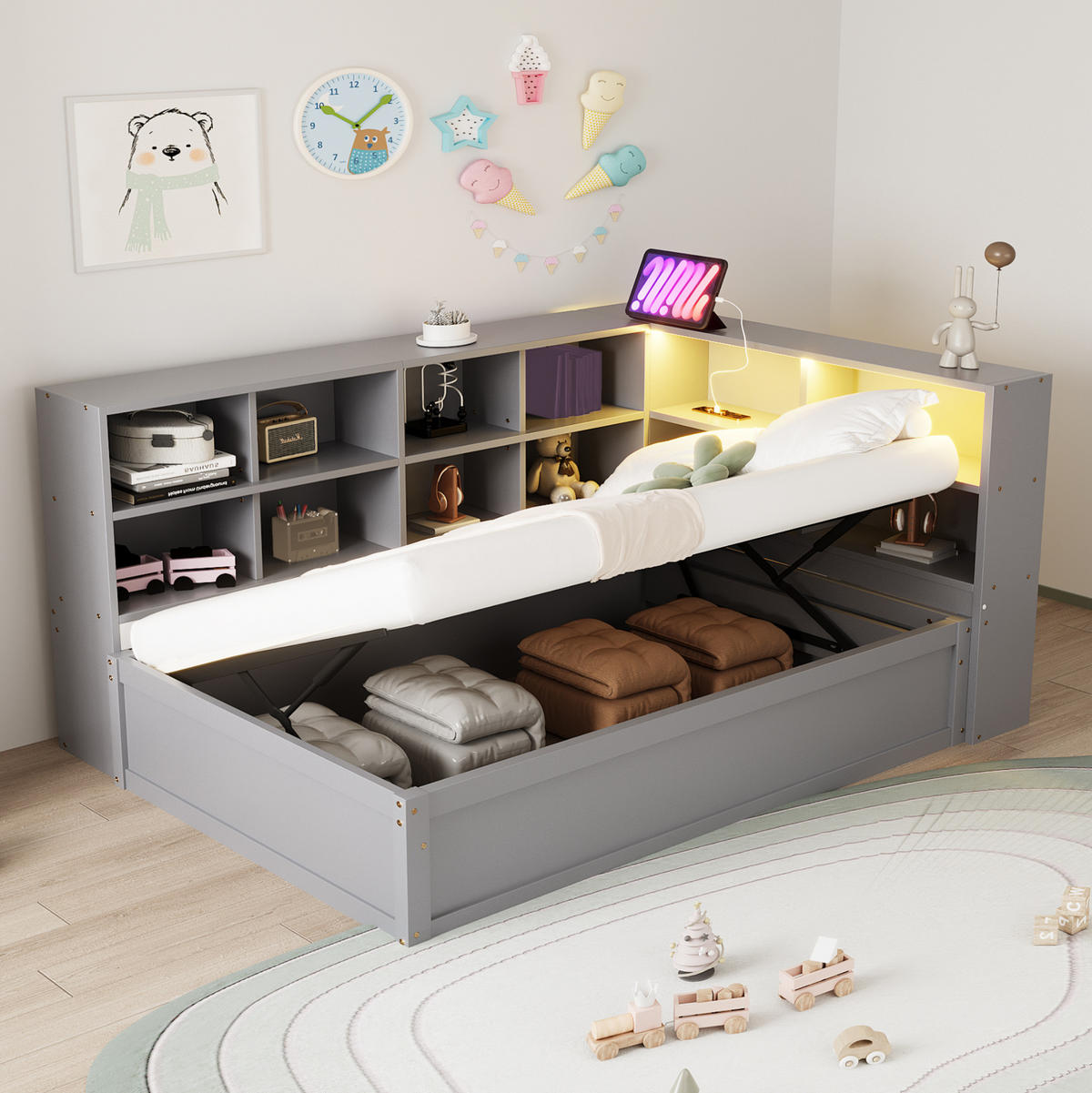 BETT mit Kopfteil 90/200 cm aus Massivholz mit Stauraum und LED-Leiste - Grau, Holz (90/200cm) - BEAOK