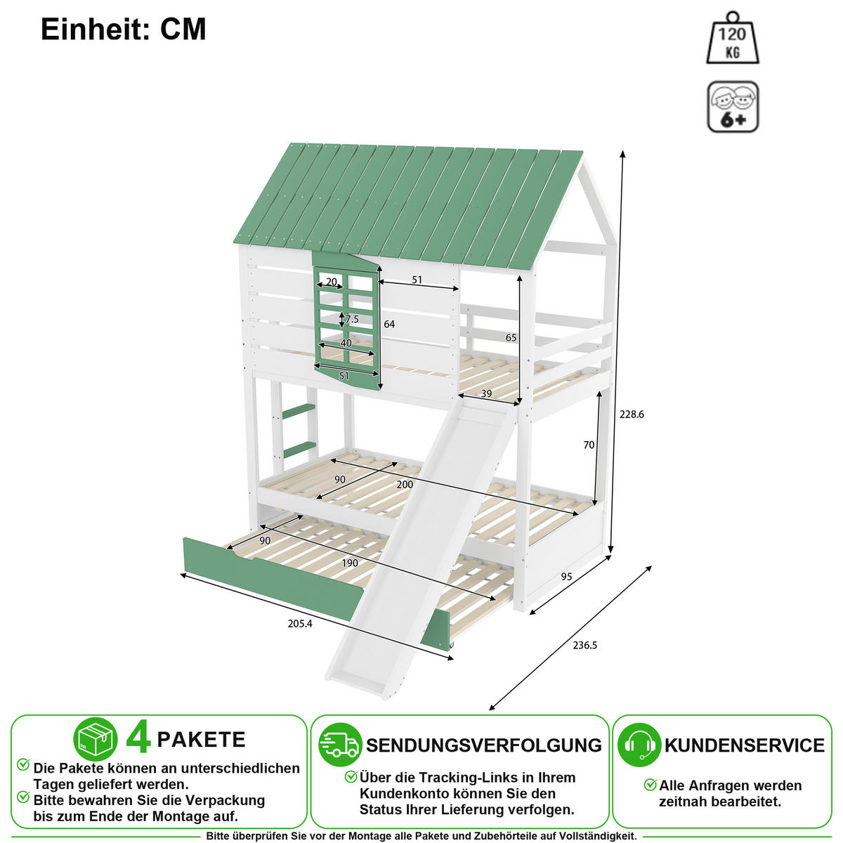 ETAGENBETT 90/200 cm in Weiß & Grün mit Rutsche und Ausziehbett in Hausform - Weiß/Grün, Holz/Holzwerkstoff (90/200cm) - CHICFURN
