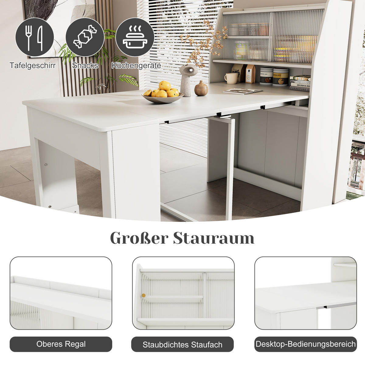 ESSTISCH in Weiß ausziehbarer Küchentisch mit Stauraum, Einweg-Ausziehtisch und Esszimmer-Stauschrank , B52-132.5/T80/H76cm - Weiß, Glas/Holzwerkstoff (80/132.5/75cm) - STILVORA