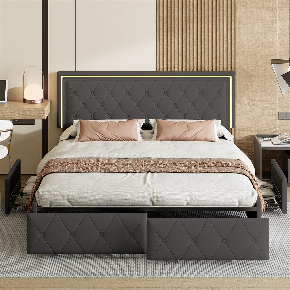 POLSTERBETT 140x200 cm - Doppelbett mit 4 Schubladen und LED-Kopfteilbeleuchtung - Grau - ohne Matratze - Grau, Textil (140/200cm) - DELFA