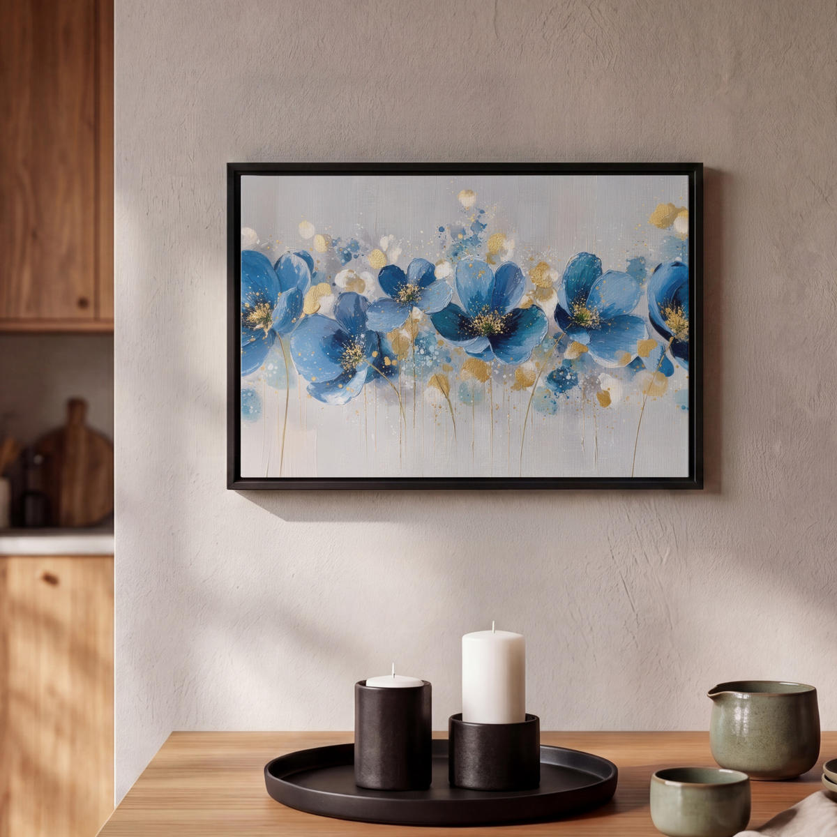 LEINWAND Bilder mit Rahmen - Blumen - Blau - Abstrakt - 30x20 - Hellgrau, Textil (30/20cm) - MuchoWow