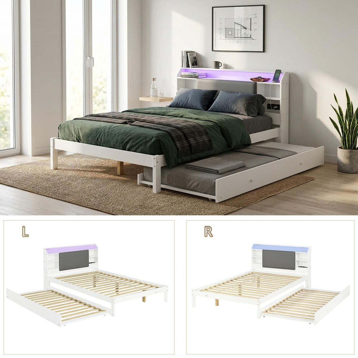 AUSZIEHBETT 120/200 cm DE-32716 mit LED und Ladestation Weiß - Weiß, Holz (120/200cm) - ComfortXL
