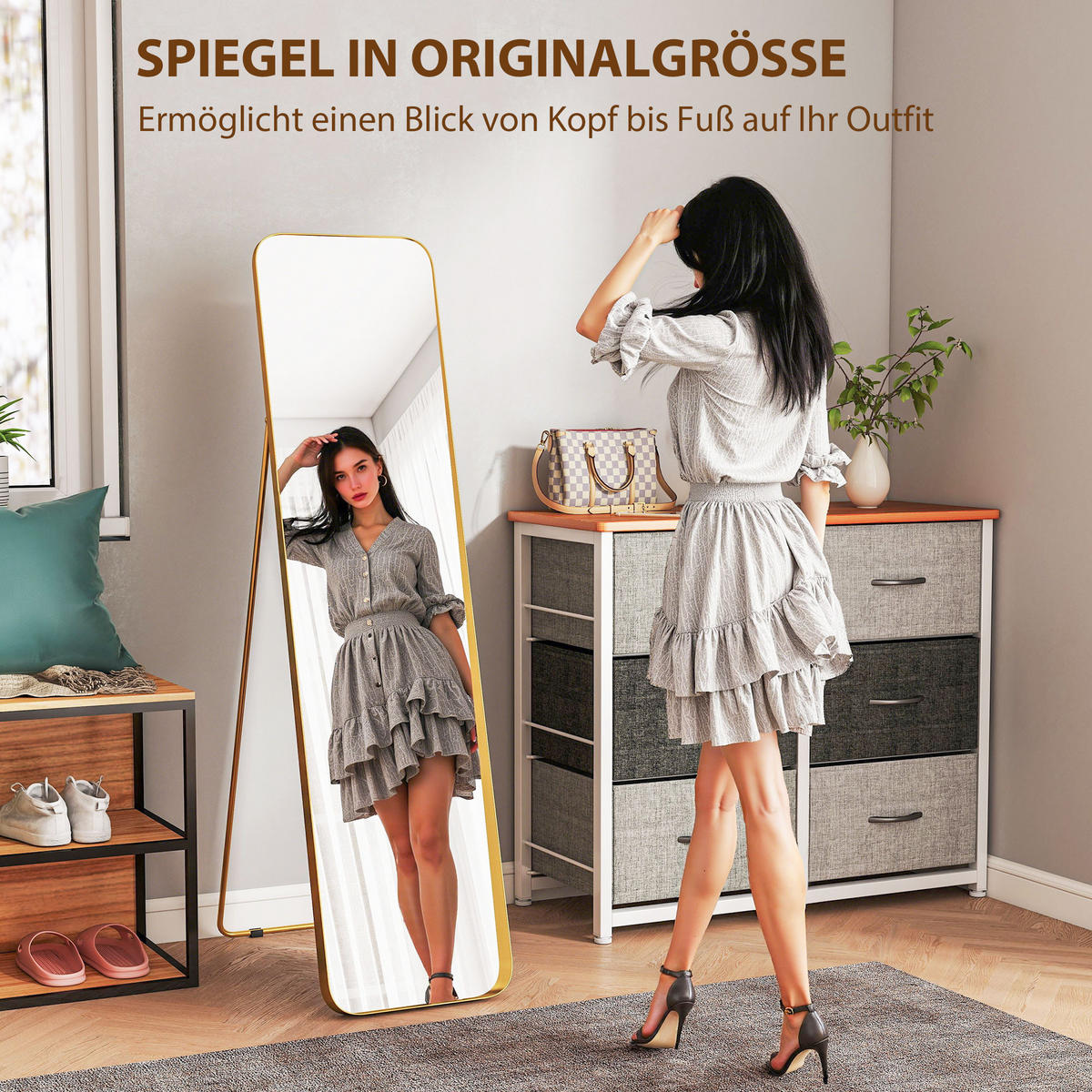 GANZKÖRPERSPIEGEL 160 x 40 cm Gewölbter Standspiegel mit Bruchsichere Glas, Gold - Goldfarben, Metall (40/160/6cm) - HOMCOM