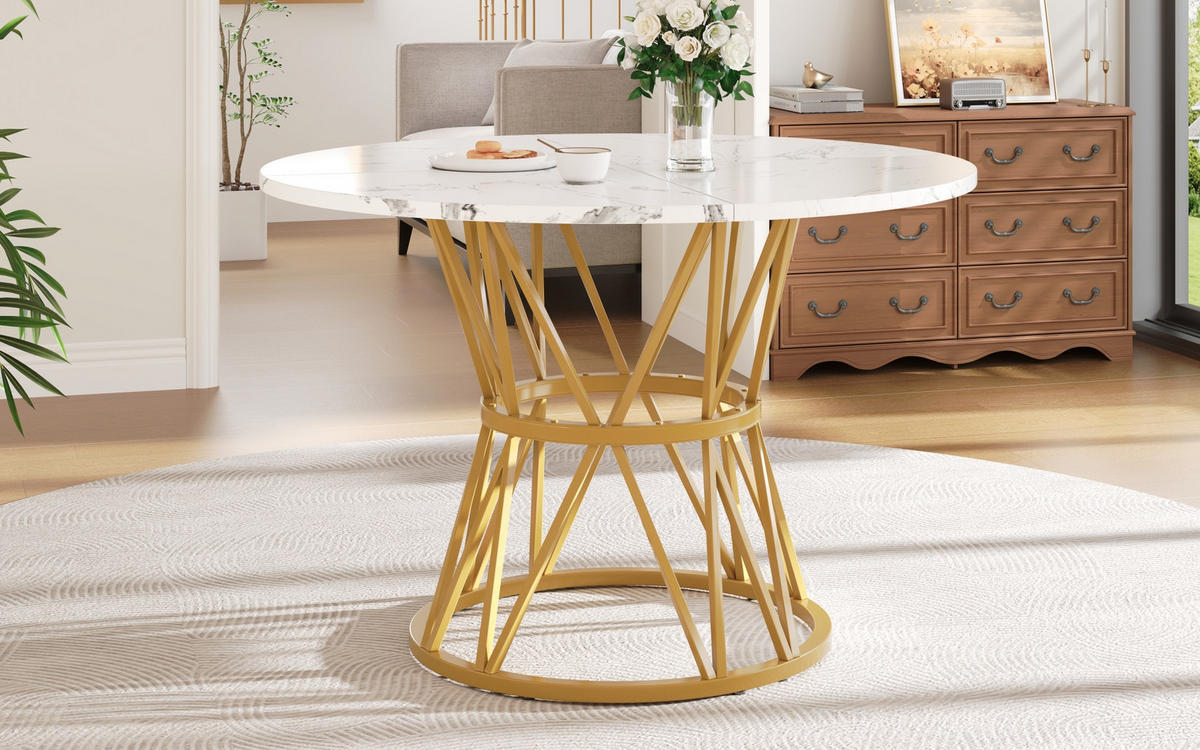 ESSTISCH 100x100x76 cm in Weiß und Gold aus MDF mit Marmoroptik auf goldenem Metallgestell - Goldfarben, Holzwerkstoff (100/100/76cm) - Modfu