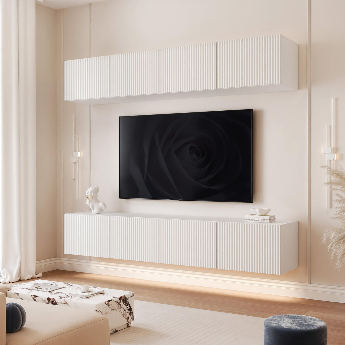 WOHNWAND ANGEL II Mattweiß hängend mit LED-Beleuchtung 200 cm - Weiß, Holzwerkstoff (200/36/40cm) - Idohome