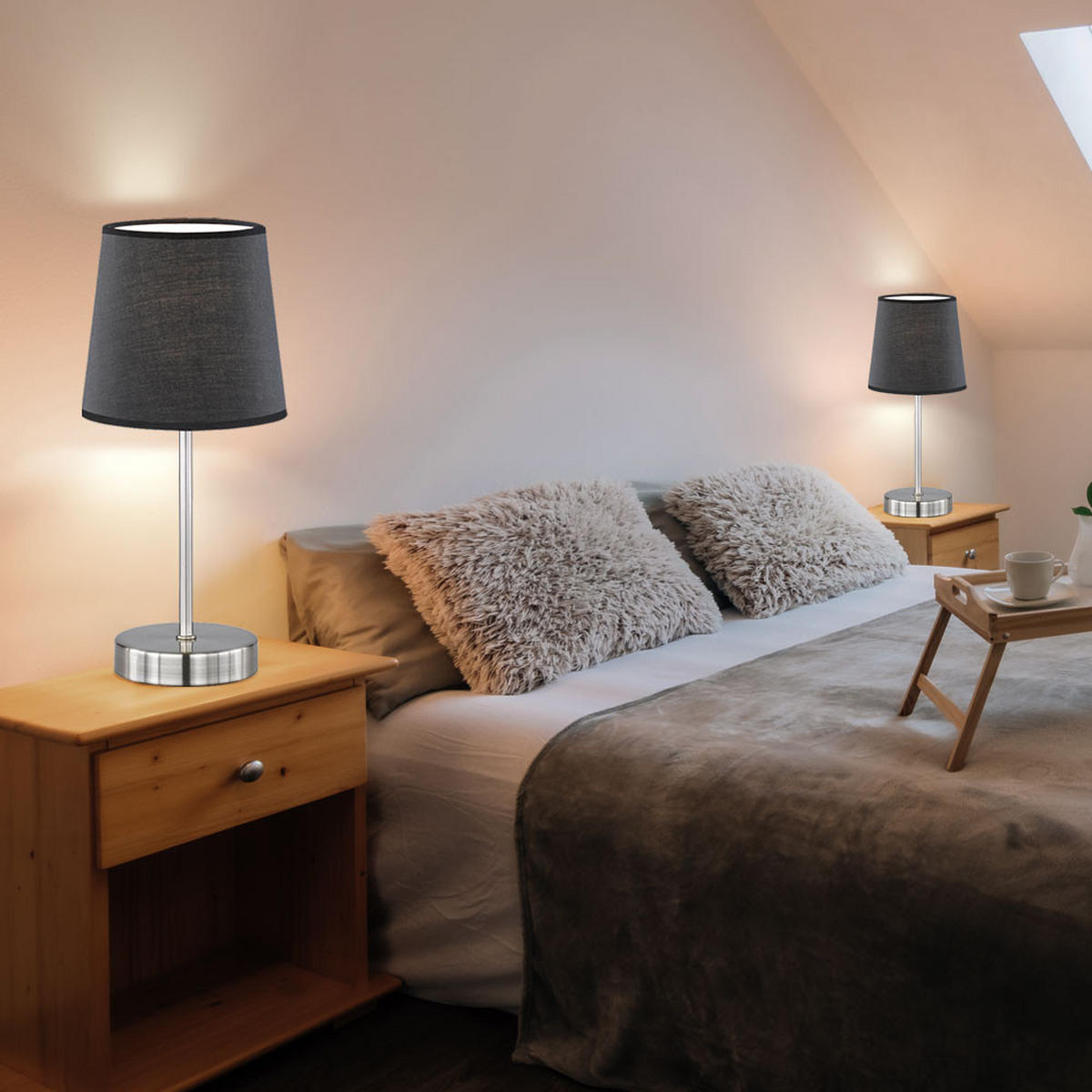 TISCHLEUCHTE Textil Schwarz Nickel matt 2er Set - Schwarz, Metall (14/14/32cm)