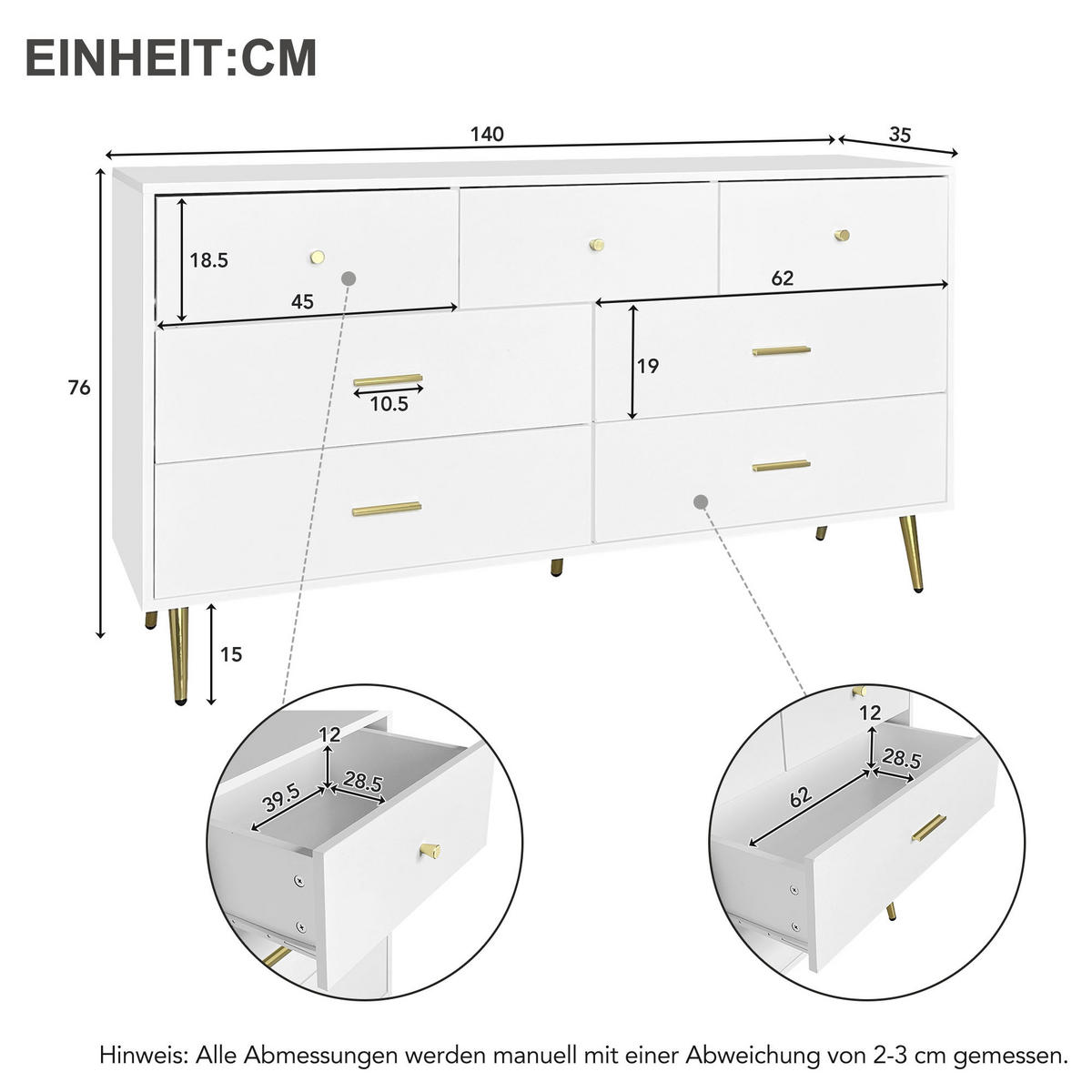 SIDEBOARD Weiß Gold 7 Schubladen 140x35x76cm Hochglanz Stauraum - Weiß, Holzwerkstoff (35/76/140cm) - FLIEKS