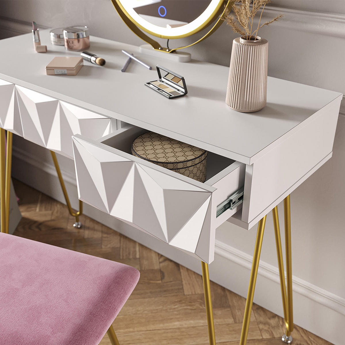 SCHMINKTISCH Ruby Weiß 100 cm mit LED Beleuchtung und Hocker - Weiß, Holzwerkstoff (100/79/40cm) - Vicco