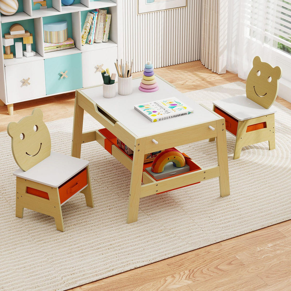 KINDERTISCH mit stuhl natur(3-tlg) - Naturfarben, Holzwerkstoff (70/45/60.5cm) - COSTWAY