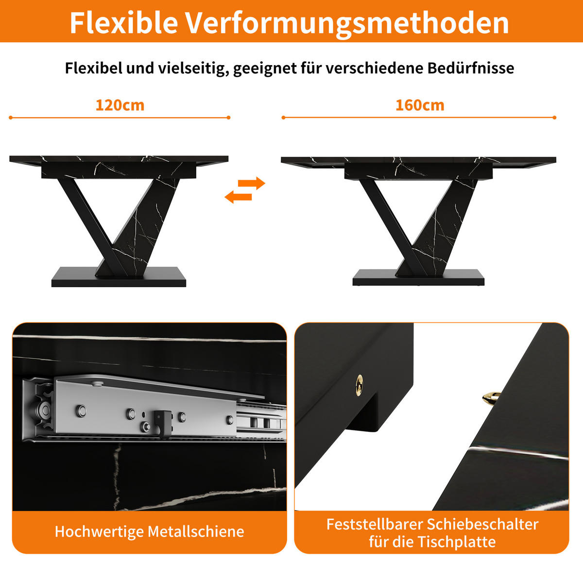 ESSTISCH ausziehbar, MDF mit Marmormuster & Metallgestell, 120-160/75/75,5 cm, Schwarz - Schwarz, Holzwerkstoff (120/75/75.5cm) - Redom