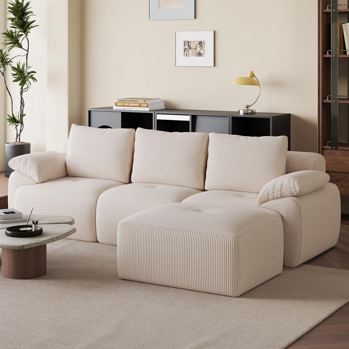 ECKSOFA,3-SITZER-SOFA, Stoffsofa L Form Cordstoff mit Hocker,Beige - Beige, Textil (264/89cm) - PARAFTA HOME