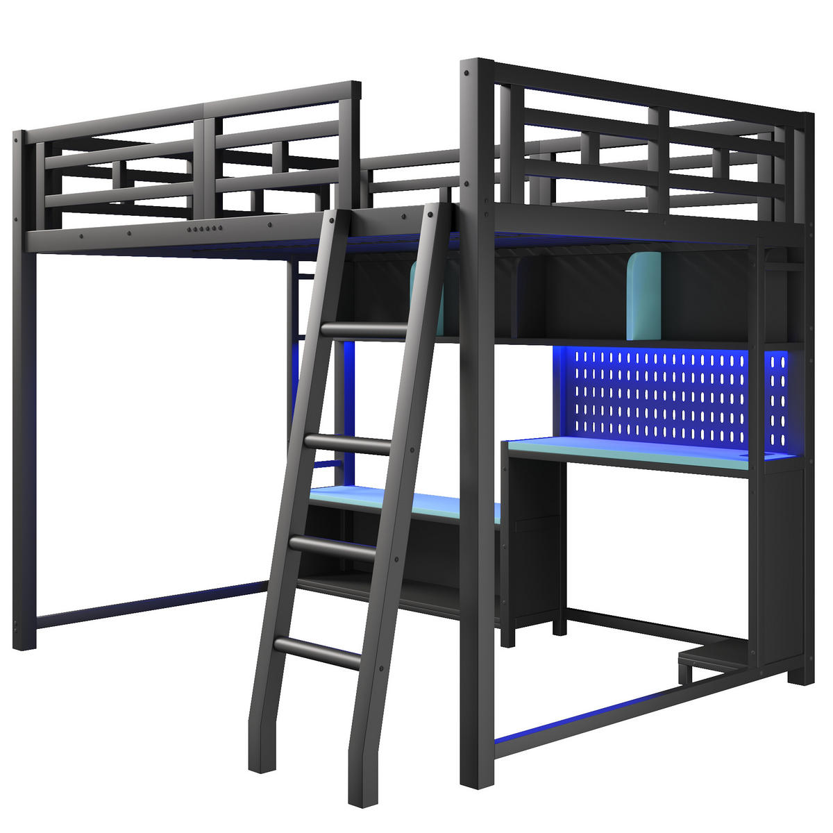HOCHBETT 140x200 cm Metall mit Schreibtisch im Gaming-Stil- Blaugrün - Schwarz, Metall (140/200cm) - KOMHTOM