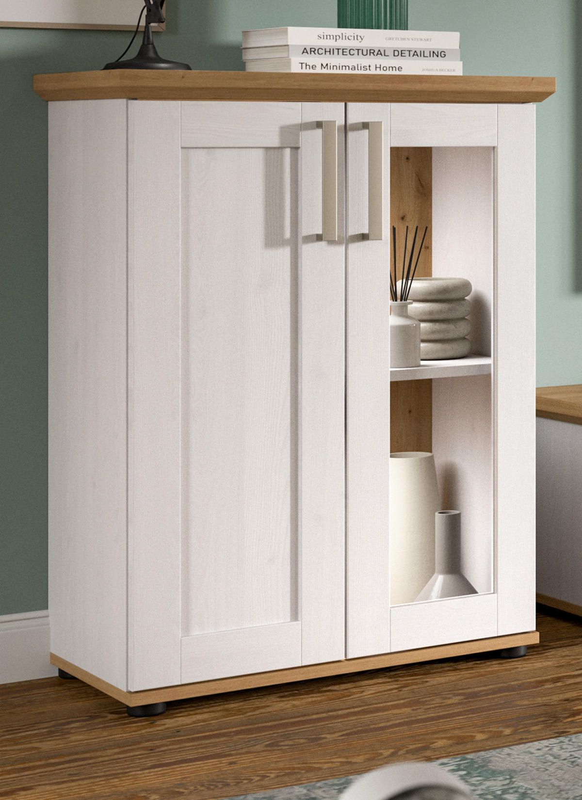 VITRINE weiß Lärche, Eiche Artisan 64 cm, Highboard im Landhaus-Stil - Silberfarben/Schwarz, Holzwerkstoff/Kunststoff (64/88/37cm) - Inn.Furn