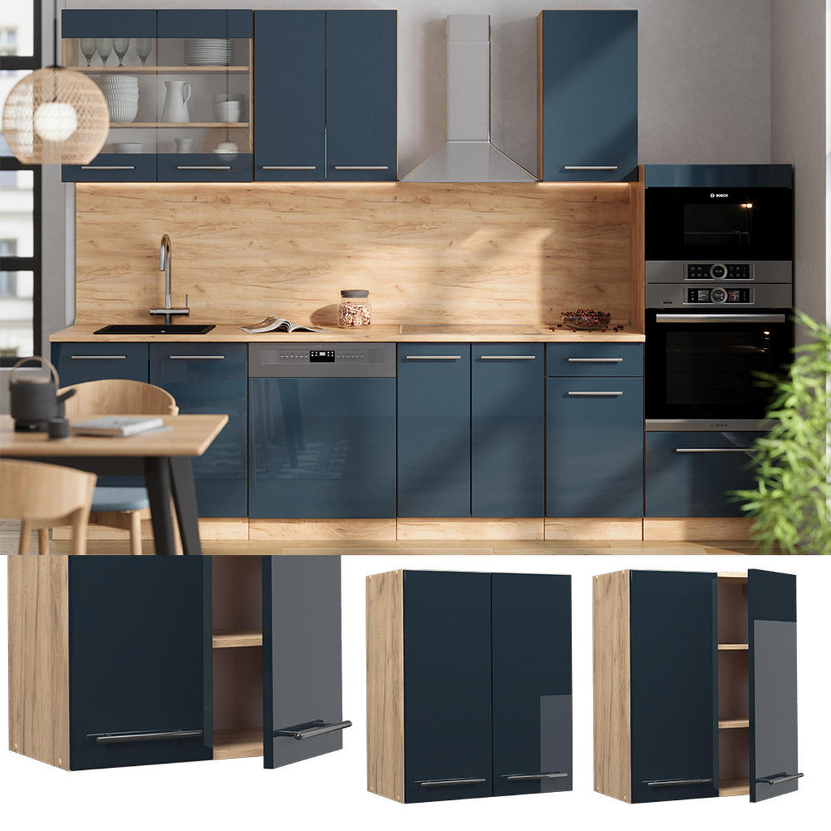 HÄNGESCHRANK Fame-Line Dunkelblau Hochglanz 60 cm - Honigeiche/Eiche Wotan, Holzwerkstoff (60/72/34.1cm) - Vicco