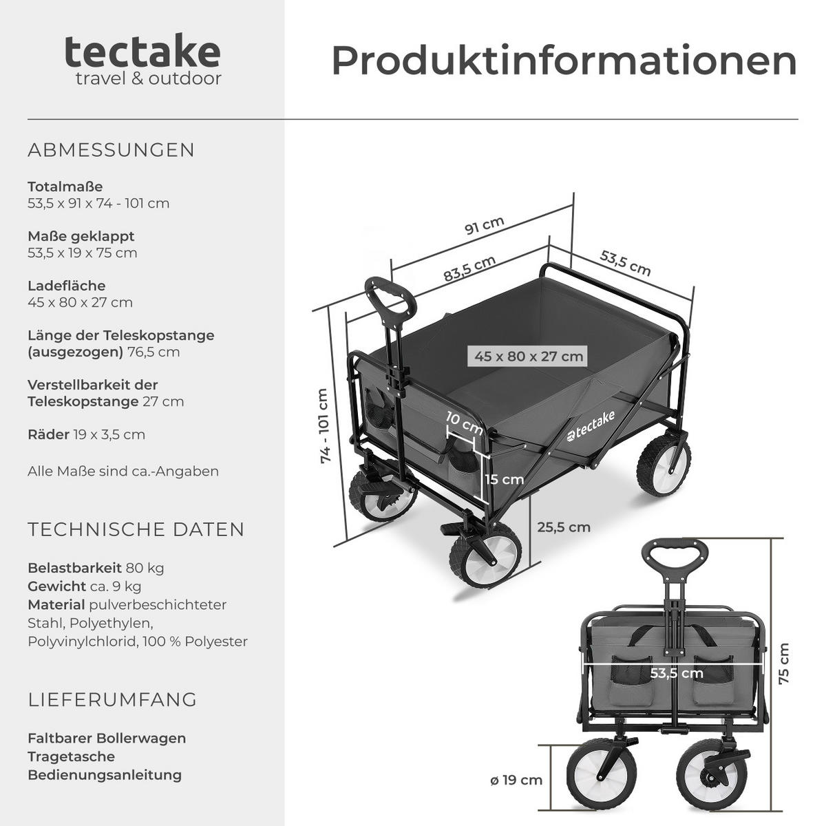 BOLLERWAGEN Leon, inklusive Tragetasche, Belastbarkeit 80 kg, grau - Grau, Kunststoff (53.5/101/91cm) - tectake