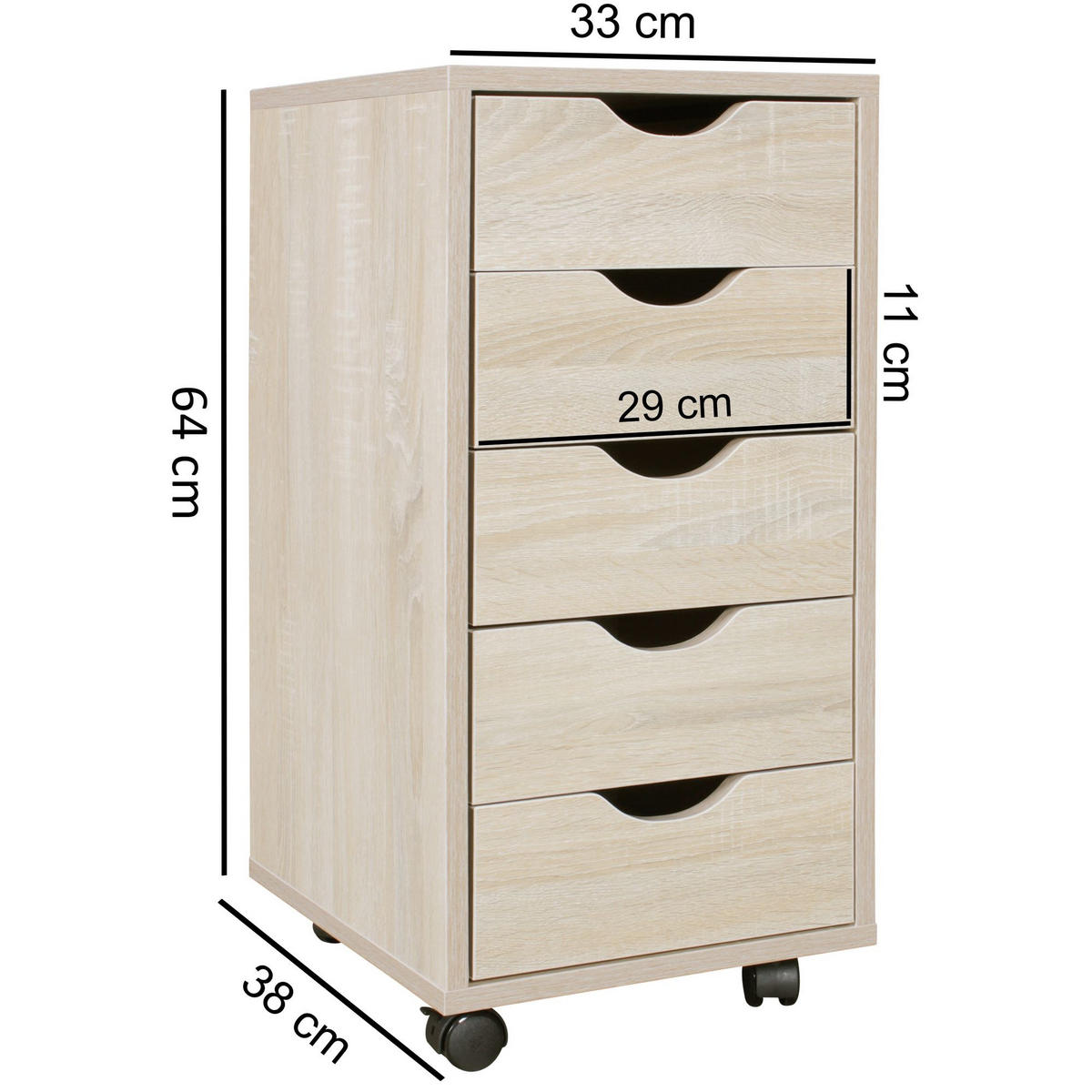 ROLLCONTAINER – MDF-Holz, Sonoma, 5 Schubladen, Rollen, für Büro oder Wohnzimmer - Beige/Schwarz, Holz/Kunststoff (38/64/33cm) - KADIMA DESIGN