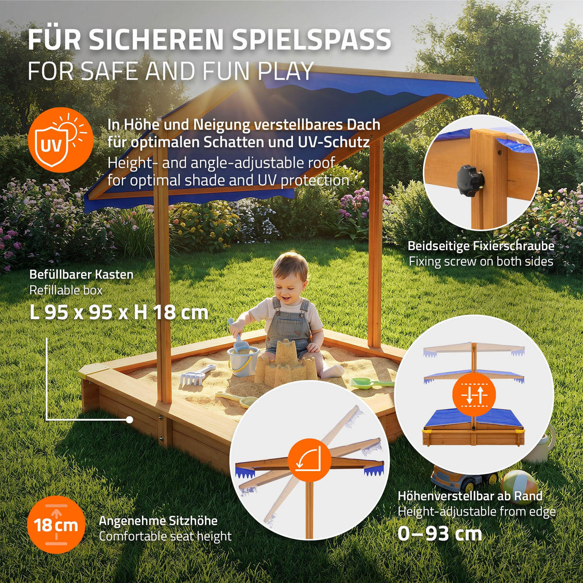 SANDKASTEN MIT DACH 118x118 cm Natur aus Massivholz - Naturfarben, Holz (118/118/119cm) - ML-DESIGN