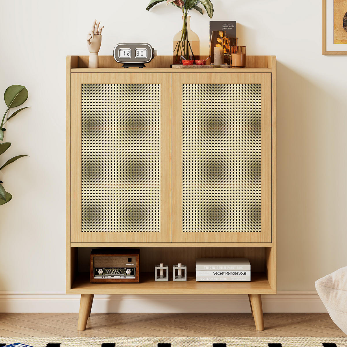 SCHUHSCHRANK aus natürlichem Rattan, Für Flur und Eingangsbereich, Eiche hell - Sonoma Eiche, Holzwerkstoff (80/105/35cm) - Urban Meuble