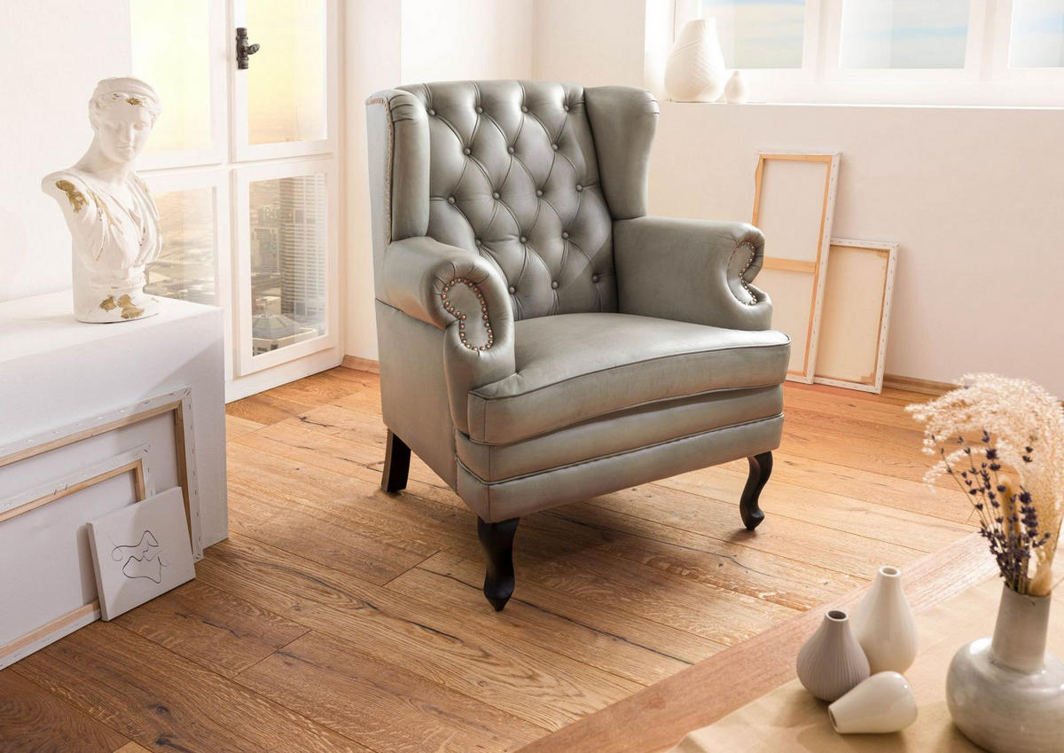 OHRENSESSEL Echtleder 88x81x105 grau CHESTERFIELD #201 - Grau, Leder (88/105/81cm) - Massivmoebel24