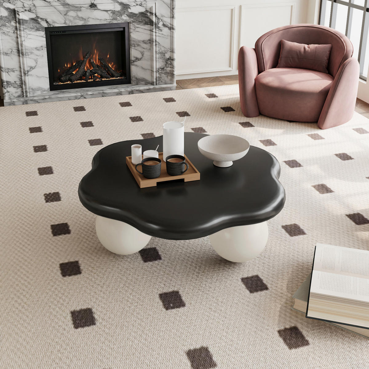 COUCHTISCH DE-37330 wolkenförmig mit Petal-Design und Kugelfüßen Schwarz/Weiß - Multicolor, Holzwerkstoff (79/79/31cm) - ComfortXL