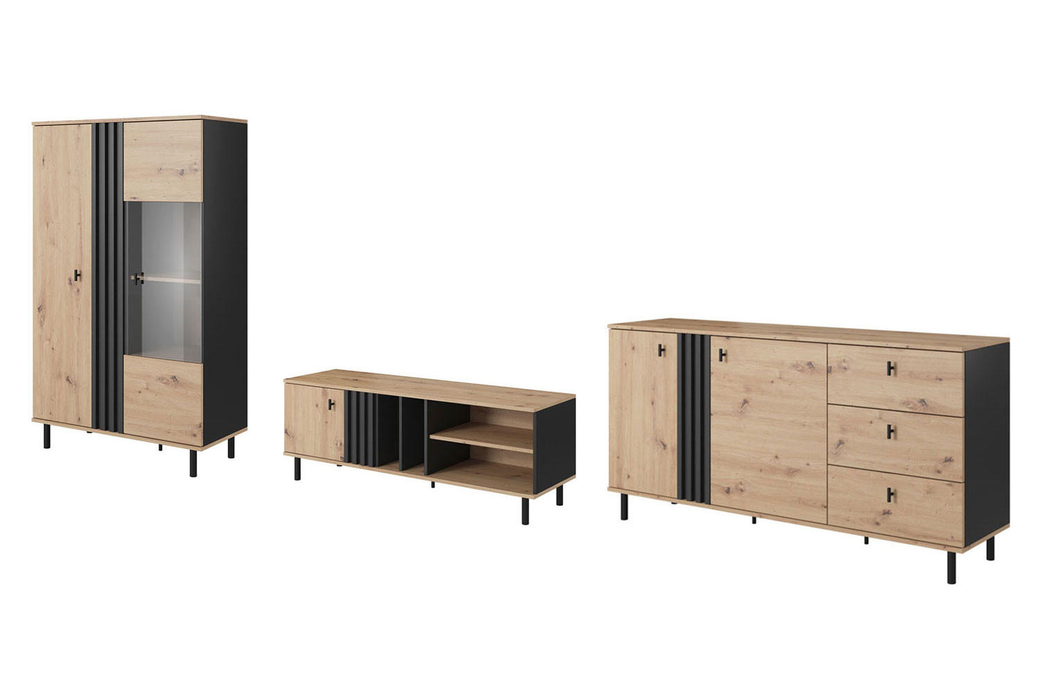 WOHNZIMMER-SET Madis sand grange eiche / anthrazit 3-teilig - Braun, Holz/Holzwerkstoff (393.3/148.8/40cm) - Feldmann-Wohnen
