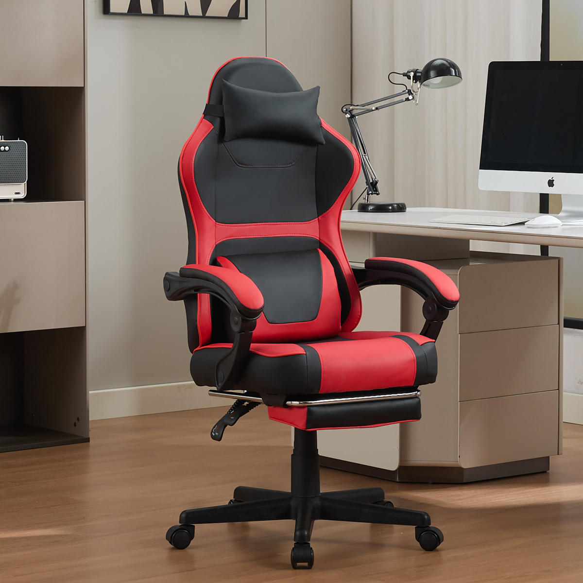 GAMING-STUHL schwarz-rot ergonomisch mit ausziehbarer Fußstütze, Nacken- und Lendenkissen, höhenverstellbar - Rot, Leder (54/116/61cm) - BRILVERDE