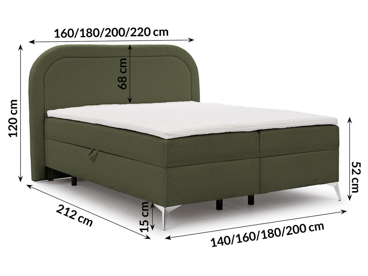 BOXBETT Sonna 180/200 cm Grün Bouclé-Stoff mit abgerundetem Kopfteil und mit silbernen Metallfüßen - Silberfarben/Grün, Holz/Textil (180/200cm) - S-Style Möbel