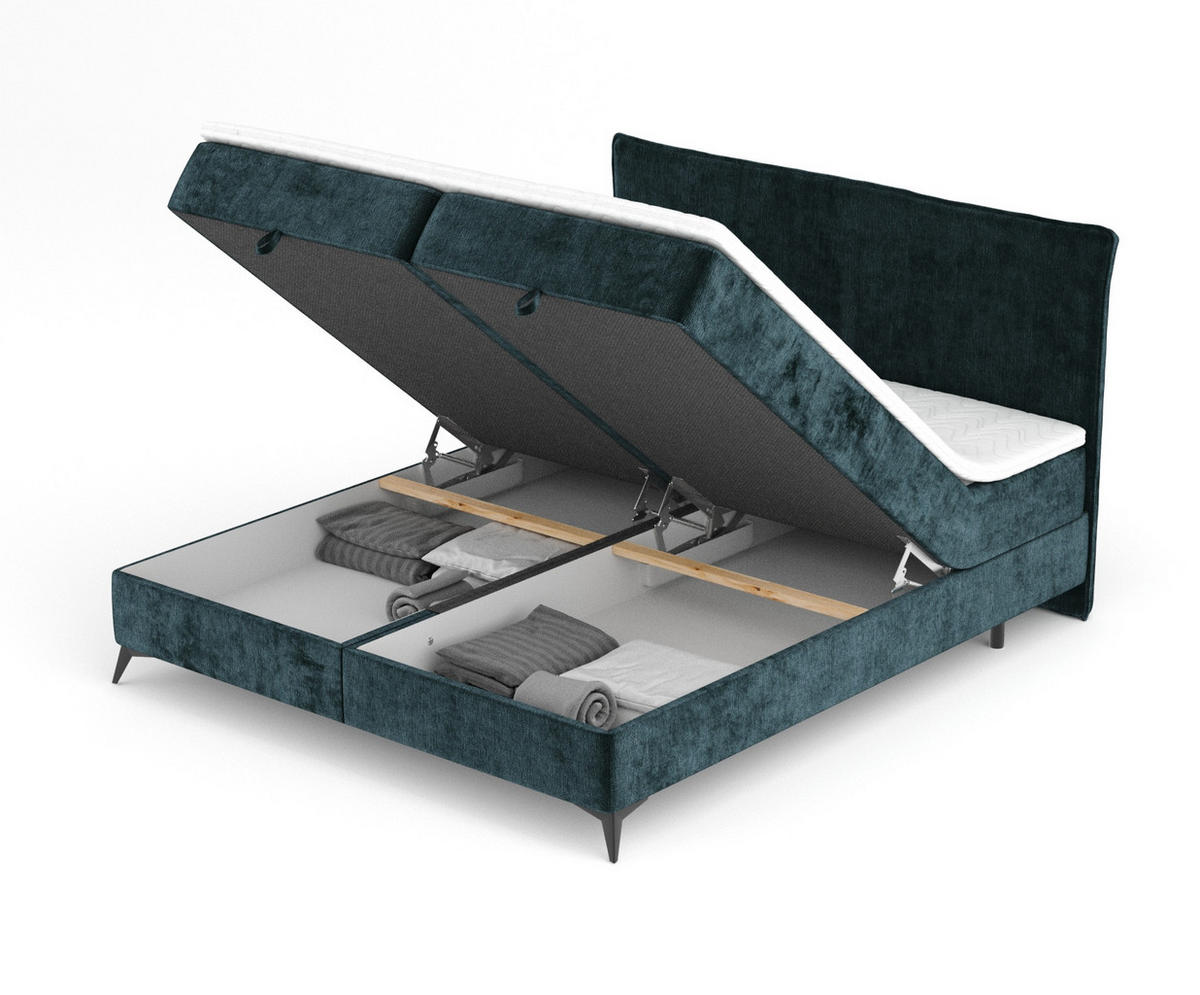 BOXBETT Peru Türkisfarben 160/200 cm im Chenille-Stoff - Türkis/Schwarz, Holz/Holzwerkstoff (160/200cm) - Maison de Reve