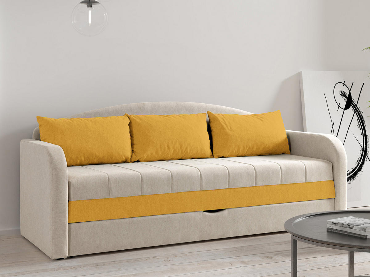 CANAPEA EXTENSIBILA Tenus - galben/bej, material textil/lemn (208/86/76cm) - MIRJAN24
