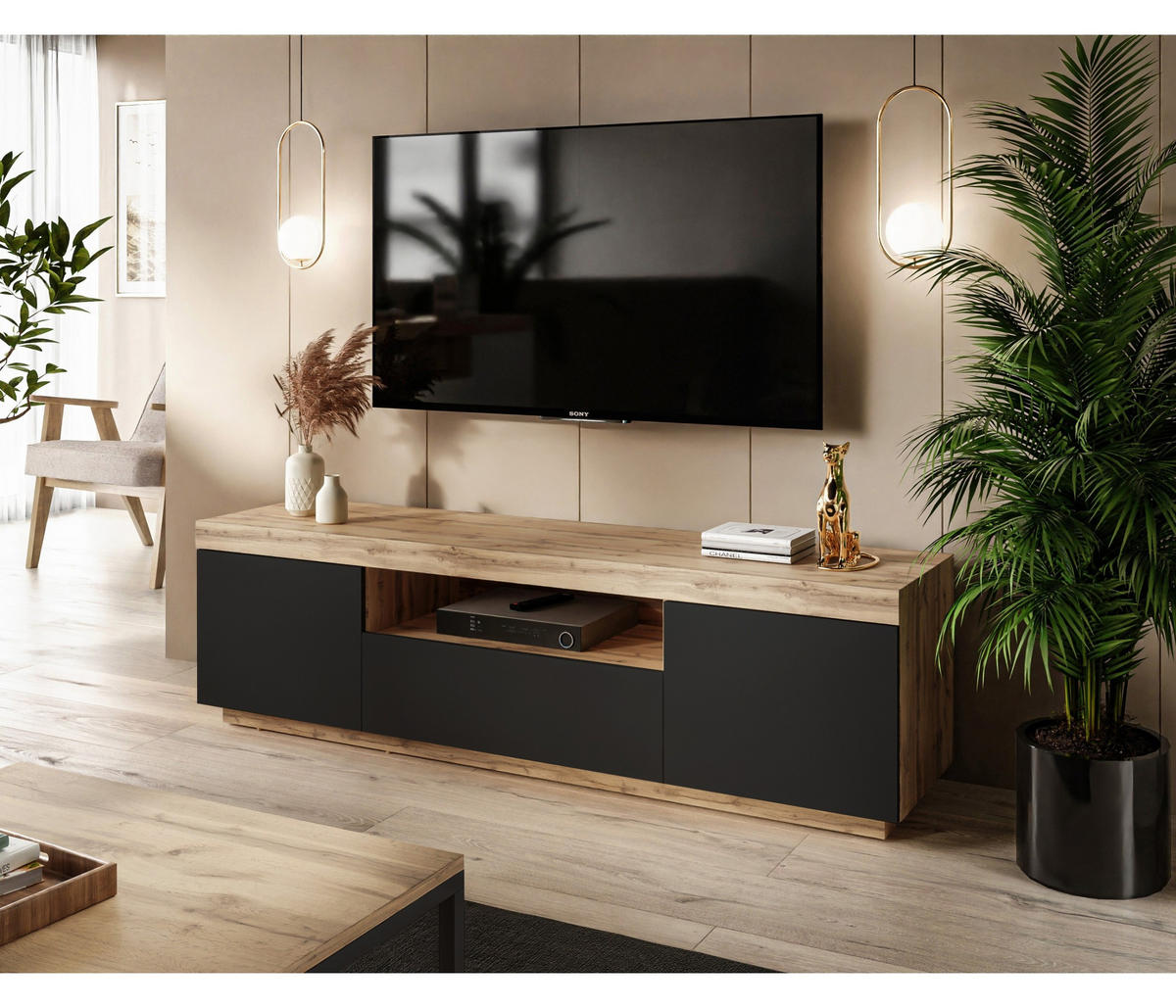 TV-SCHRANK YOSHI 170/42/49 cm Wotan Eiche / Schwarz - Naturfarben, Holzwerkstoff (170/49/42cm) - Lookway