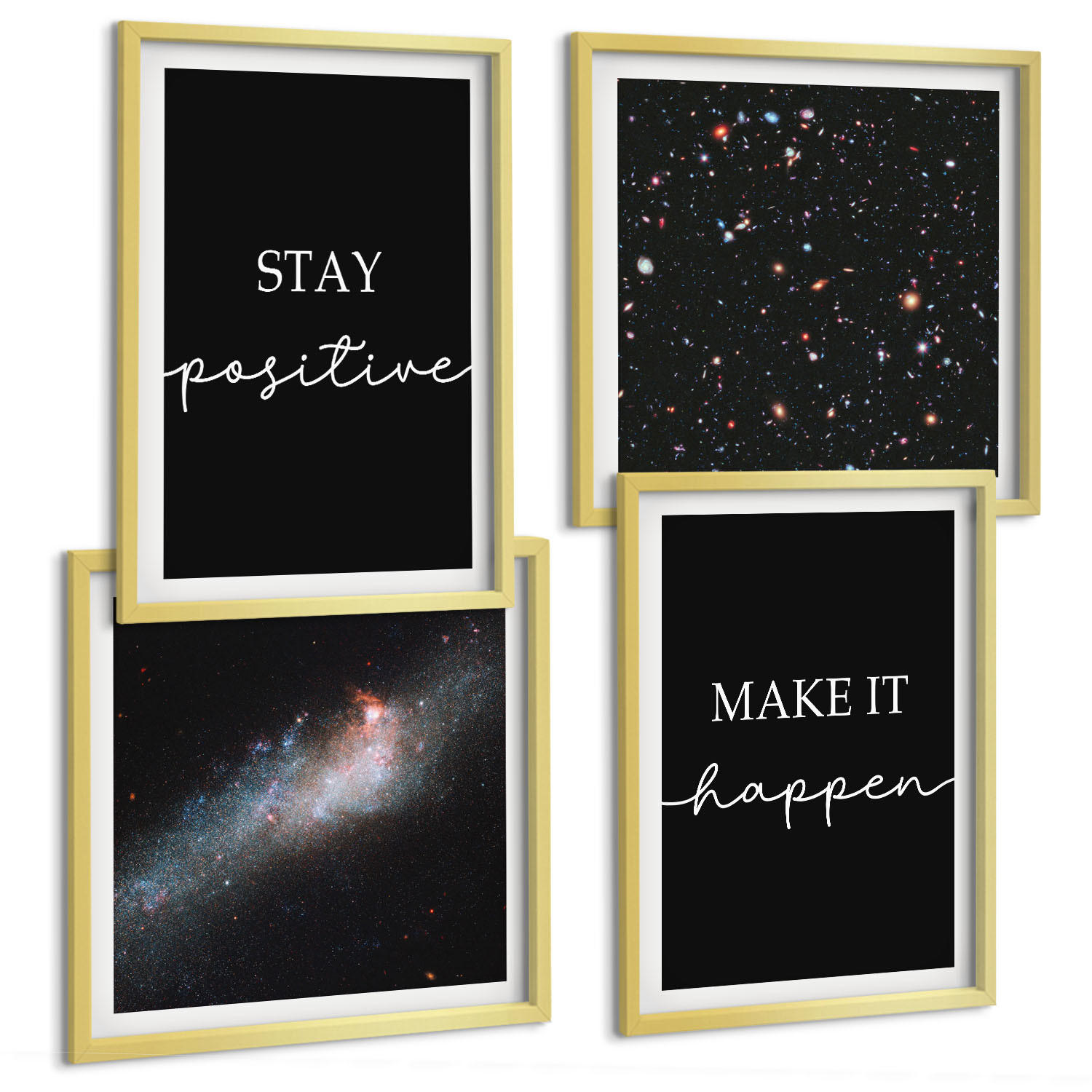 BILDER SET 4er Set - 50x50 cm & 40x60 cm Goldrahmen - Motivationsslogans Sterne Weltraum - Goldfarben, Kunststoff (50/50cm) - TULUP