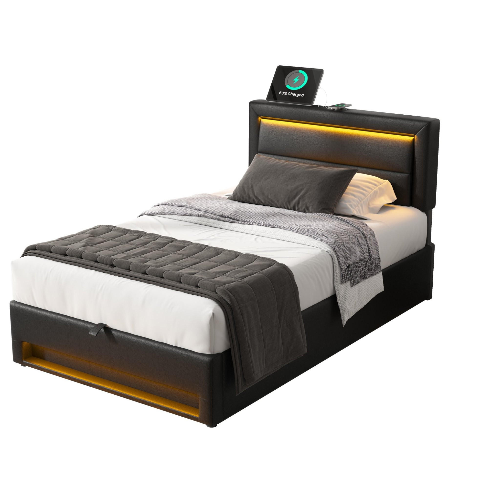 POLSTERBETT 90/190 cm Schwarz mit Stauraum mit LED-Beleuchtung und USB-Ladefunktion - Schwarz, Kunststoff (90/190cm) - OKWISH