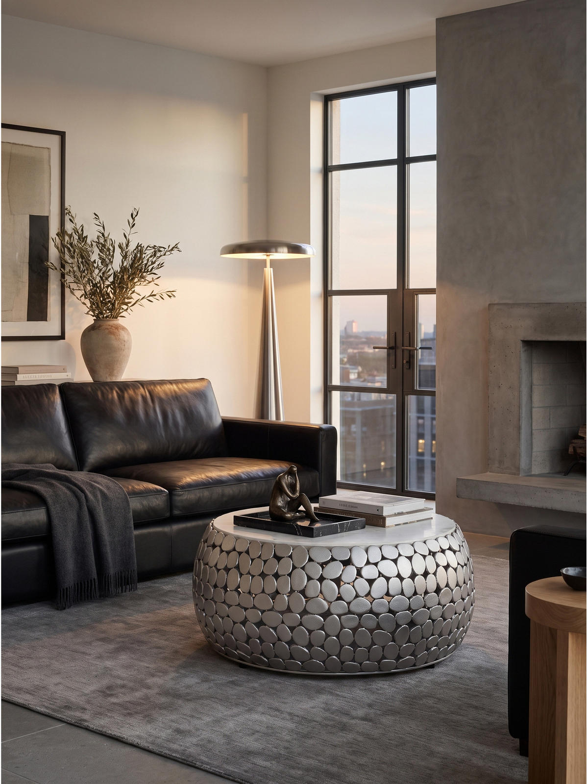 COUCHTISCH DIEMEL, Marmor, handgefertigt, Silber-Weiß, Ø 66 x 32 cm - Silberfarben, Stein/Metall (66/66/32cm) - KADIMA DESIGN