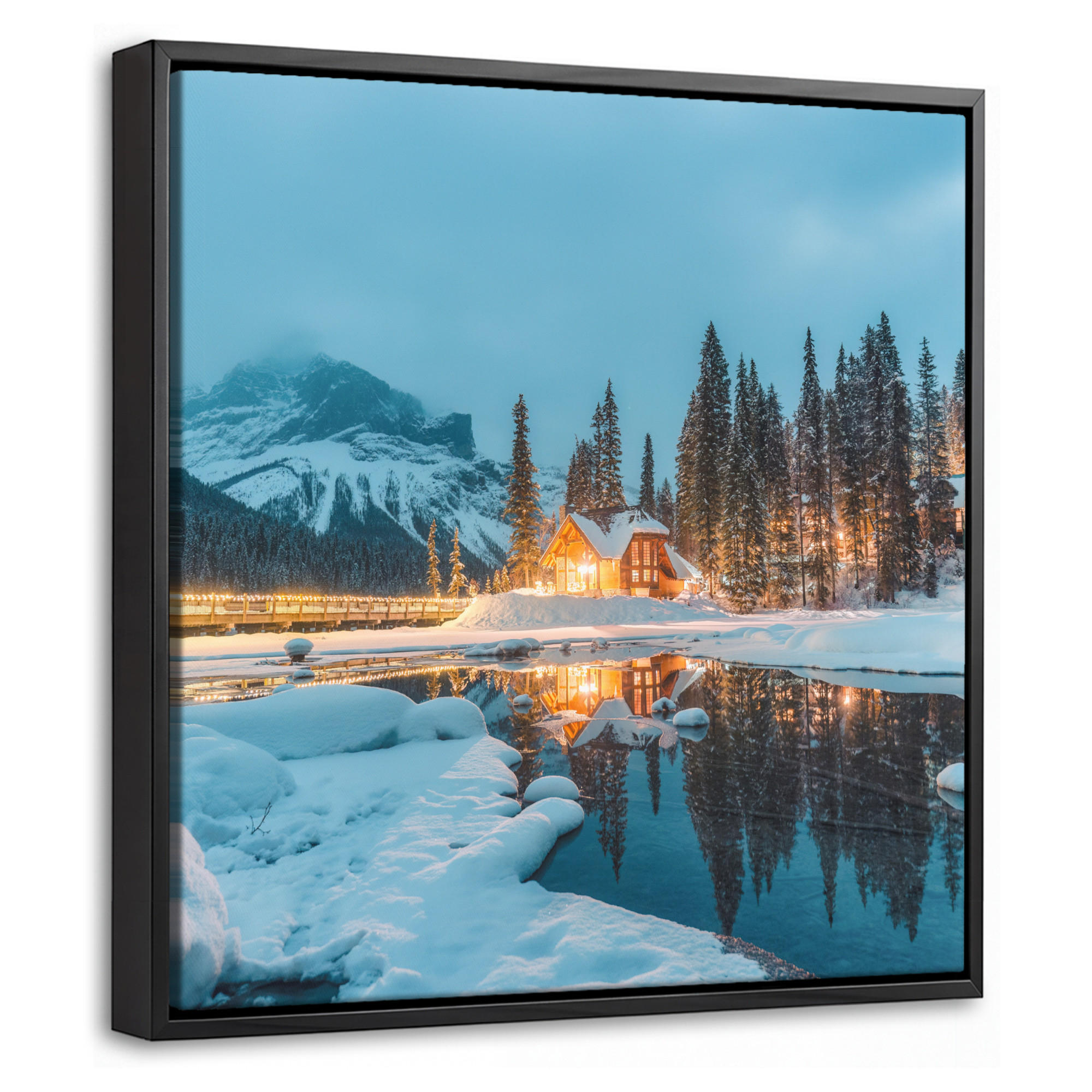 LEINWAND Bilder mit Rahmen - Winterlandschaft - Natur - Haus - Berge - Schnee - 20x20 - Hellblau, Textil (20/20cm) - MuchoWow