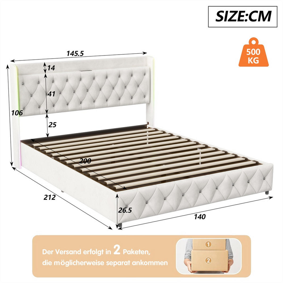 POLSTERBETT 140x200 cm - Doppelbett mit hydraulischem Stauraum und LED - ohne Matratze - Beige - Beige, Textil (140/200cm) - DELFA