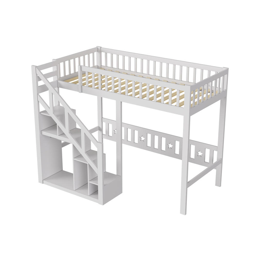 HOCHBETT 90x200 cm - Multifunktionales Kinderbett mit Treppenregal und hohem Rausfallschutz - ohne Matratze - Weiß - Weiß, Holz (90/200cm) - DELFA