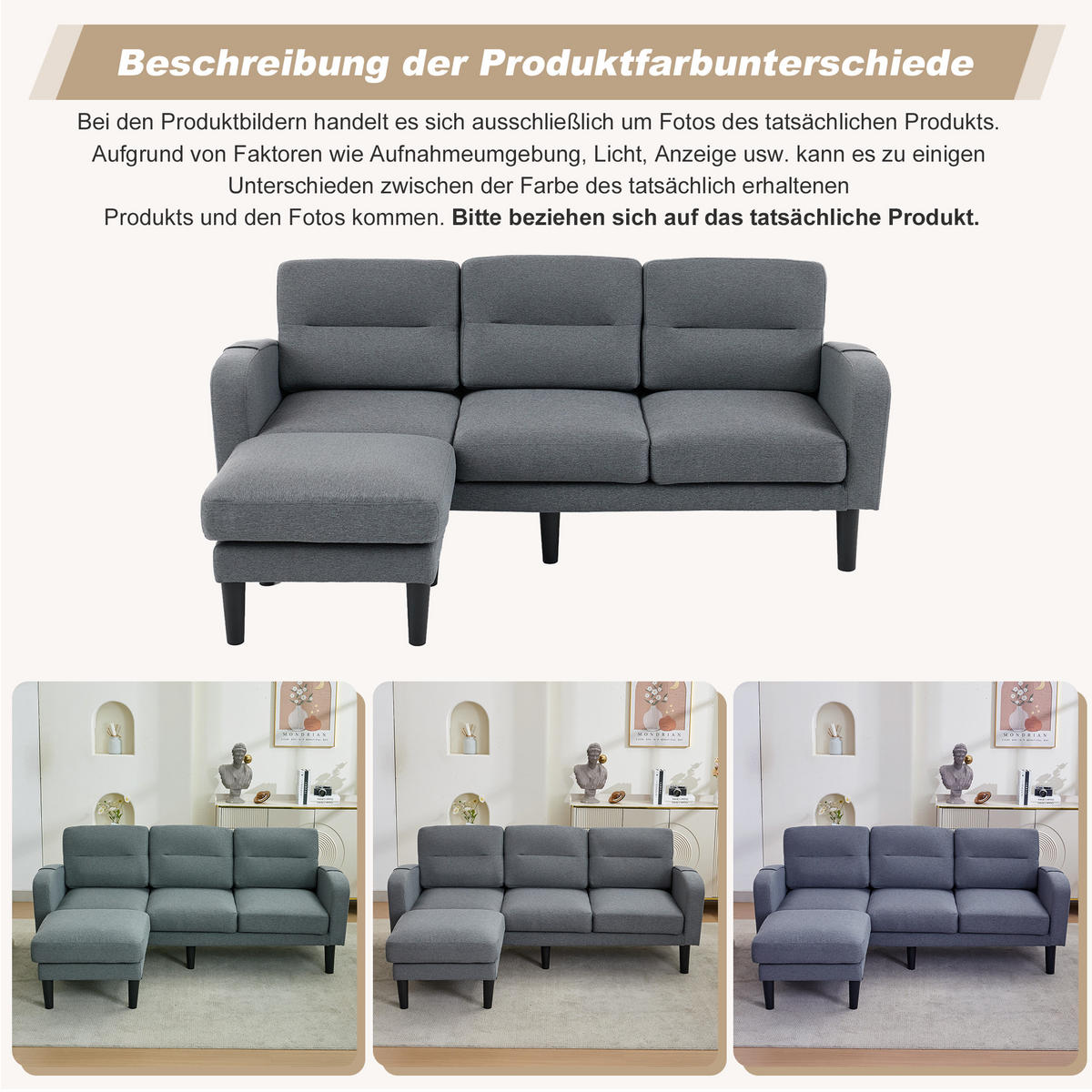 ECKSOFA L Form 3-Sitzer Chaiselongue Stauraum Tasche Grau 204cm - Grau, Textil (204/136cm) - FLIEKS