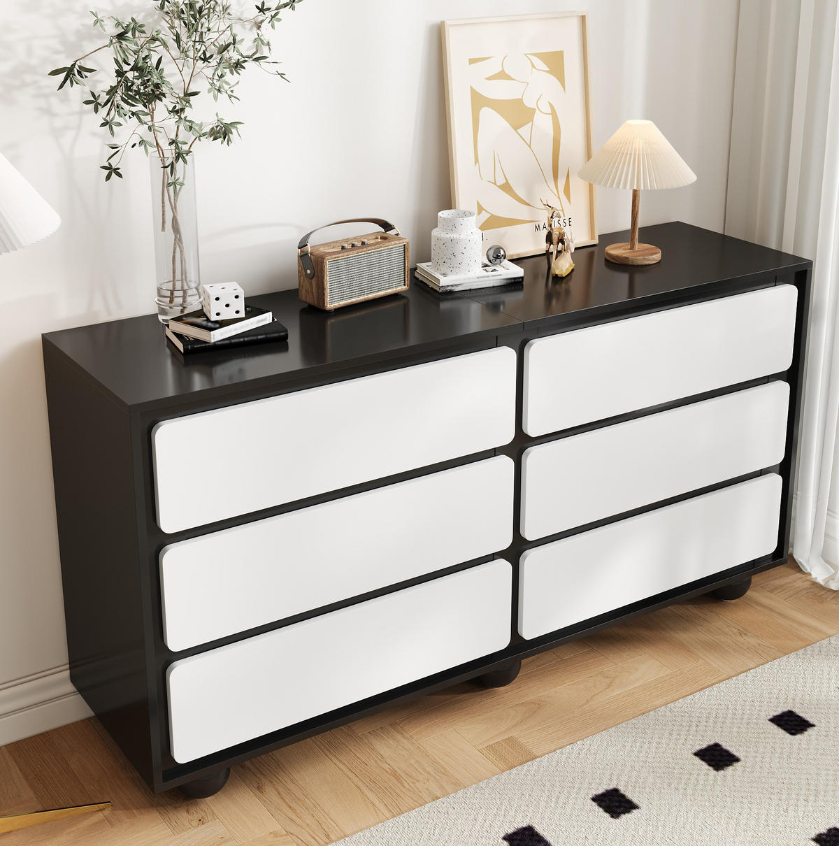 SIDEBOARD 140/38/74,5 cm mit 6 Schubladen in Weiß/Schwarz - Weiß, Holzwerkstoff (140/74.5/38cm) - BEAOK