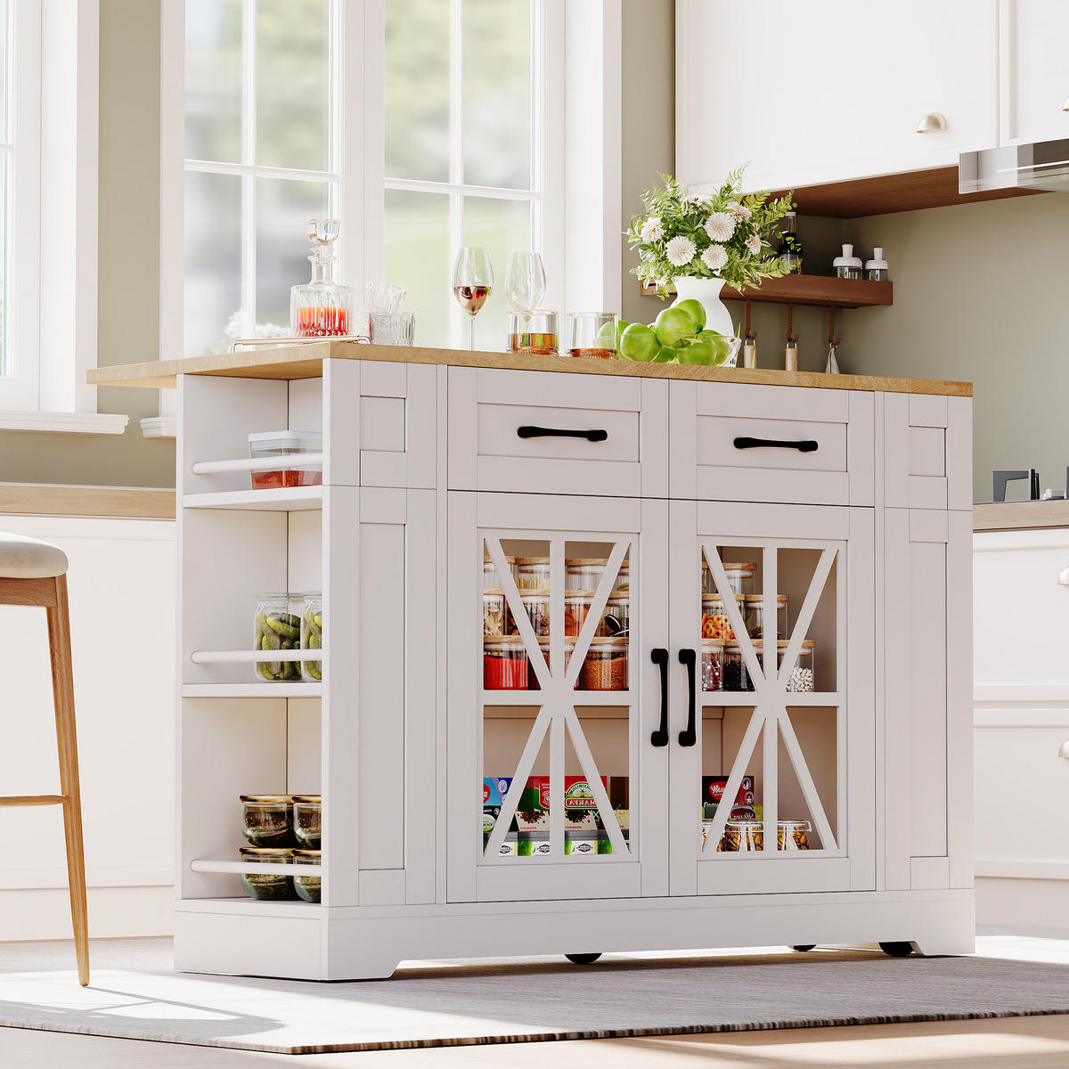 KÜCHENINSEL 120/40(65)/92 cm mit Klapptisch, 2 AC- und 2 USB-Anschlüssen, Glastüren und Rollen, Weiß/Natur - Weiß, Holzwerkstoff (120/92/65cm) - Redom