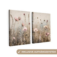 LEINWANDBILD - 2er Set - Blumen - Beige - Modern - Rosa - 100x70 - Ecru, Textil (100/70cm) - MuchoWow