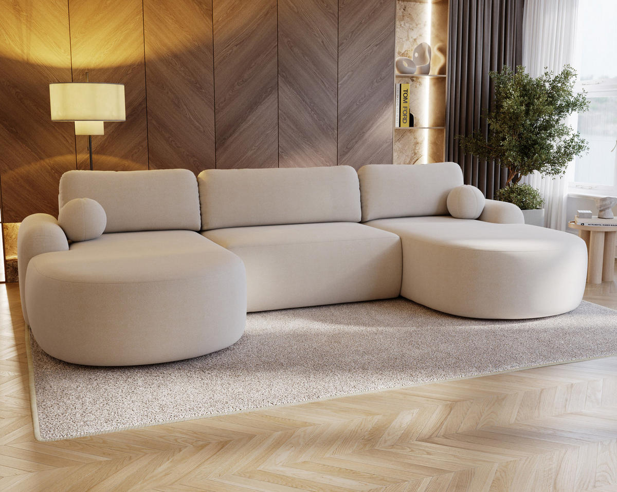WOHNLANDSCHAFT DION-U Boucle ECRU mit Schlaffunktion - Ecru, Textil (377/92/177cm) - Luxkor24